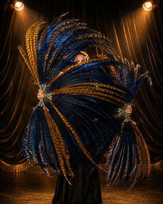 Pair of Lady Amherst pheasant tail fans for left and right hand burlesque performance