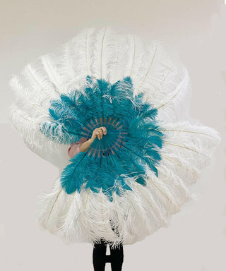 Mix white & teal 2 Layers Ostrich Feather Fan 30"x 54"