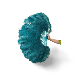 Teal single layer Ostrich Feather Fan Full open 180 degree 25"x 50"