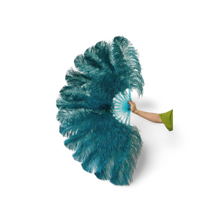 Teal single layer Ostrich Feather Fan Full open 180 degree 25"x 50"