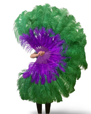 ミックスグリーン & ラベンダー 2層 ダチョウ羽根扇子 30"× 54"