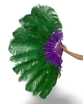 ミックスグリーン & ラベンダー 2層 ダチョウ羽根扇子 30"× 54"