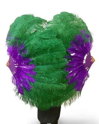 ミックスグリーン & ラベンダー 2層 ダチョウ羽根扇子 30"× 54"