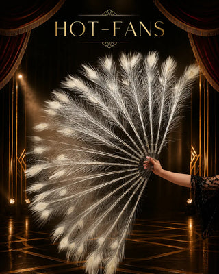 White peacock feather fan with layered eye feathers and clear acrylic staves