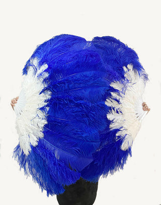 Éventail de plumes d'autruche à 2 couches, mélange de bleu royal et de blanc, 30 "x 54"