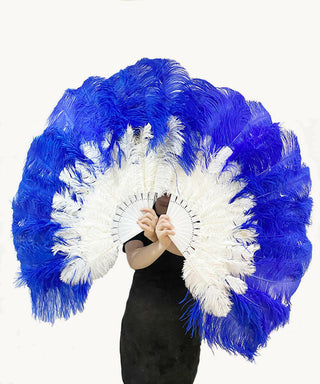 Mix royal blue & white 2 Layers Ostrich Feather Fan 30"x 54"