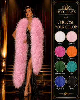 Extra full pink 40 ply ostrich feather boa showing dramatic feather volume and texture