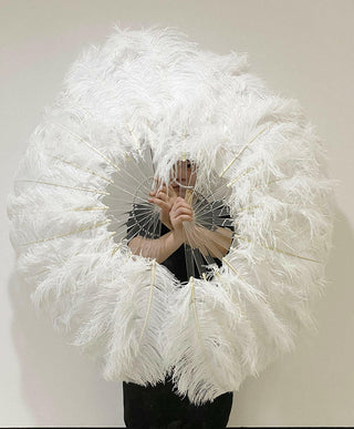 White single layer Ostrich Feather Fan Full open 180 degree 25"x 50"
