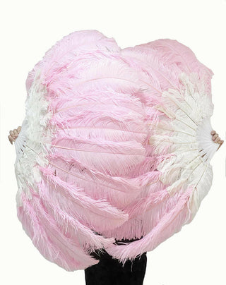 Éventail en plumes d'autruche 2 couches mélange rose et blanc 30"x 54"