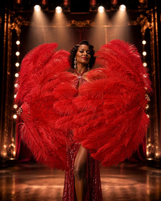 XL 2 Layers Ostrich Feather Fan with 12 staves in a dramatic stage pose, designed for advanced performers and elegant showgirl styling.