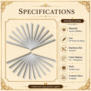 Specifications for Acrylic PMMA XL 2 layers fan staves set of 12 in 15 inch size with hardware kit