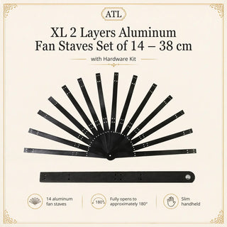 XL 2 Layers Aluminum Fan Staves Set of 14 – 38 cm with Hardware Kit, black metal aluminum fan staves for DIY feather fan making