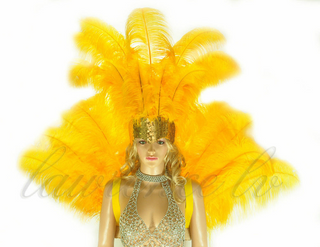 ゴールデンイエローのダチョウの羽のオープンフェイスヘッドドレスとバックピースのセット