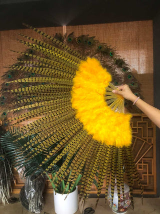 Éventail en plumes de marabout jaune et de faisan