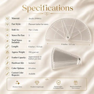 Specifications for Acrylic PMMA pheasant feather fan staves set of 5 with 6 inch length, 15.5 cm size, 10 staves total and hardware kit included