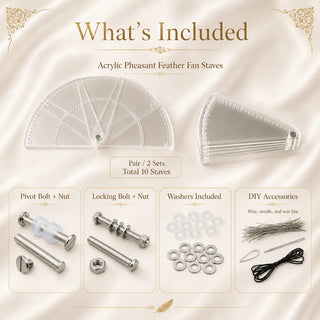 What is included with Acrylic PMMA pheasant fan staves pair set, including 10 staves, pivot bolt, locking bolt, washers, wire, needle and wax line
