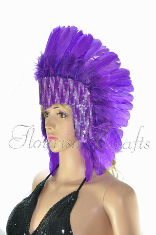 Couronne de paillettes violet foncé, plumes, couvre-chef de danseuse de las vegas, showgirl, coiffure
