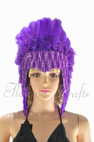 Couronne de paillettes violet foncé, plumes, couvre-chef de danseuse de las vegas, showgirl, coiffure