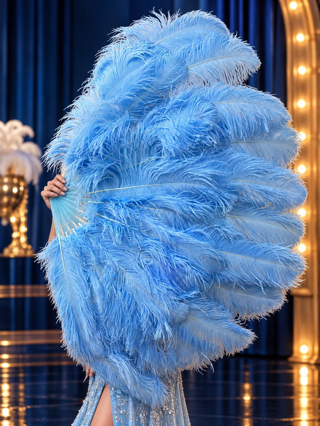 Sky Blue XL ostrich feather fan for White Christmas Sisters inspired performance